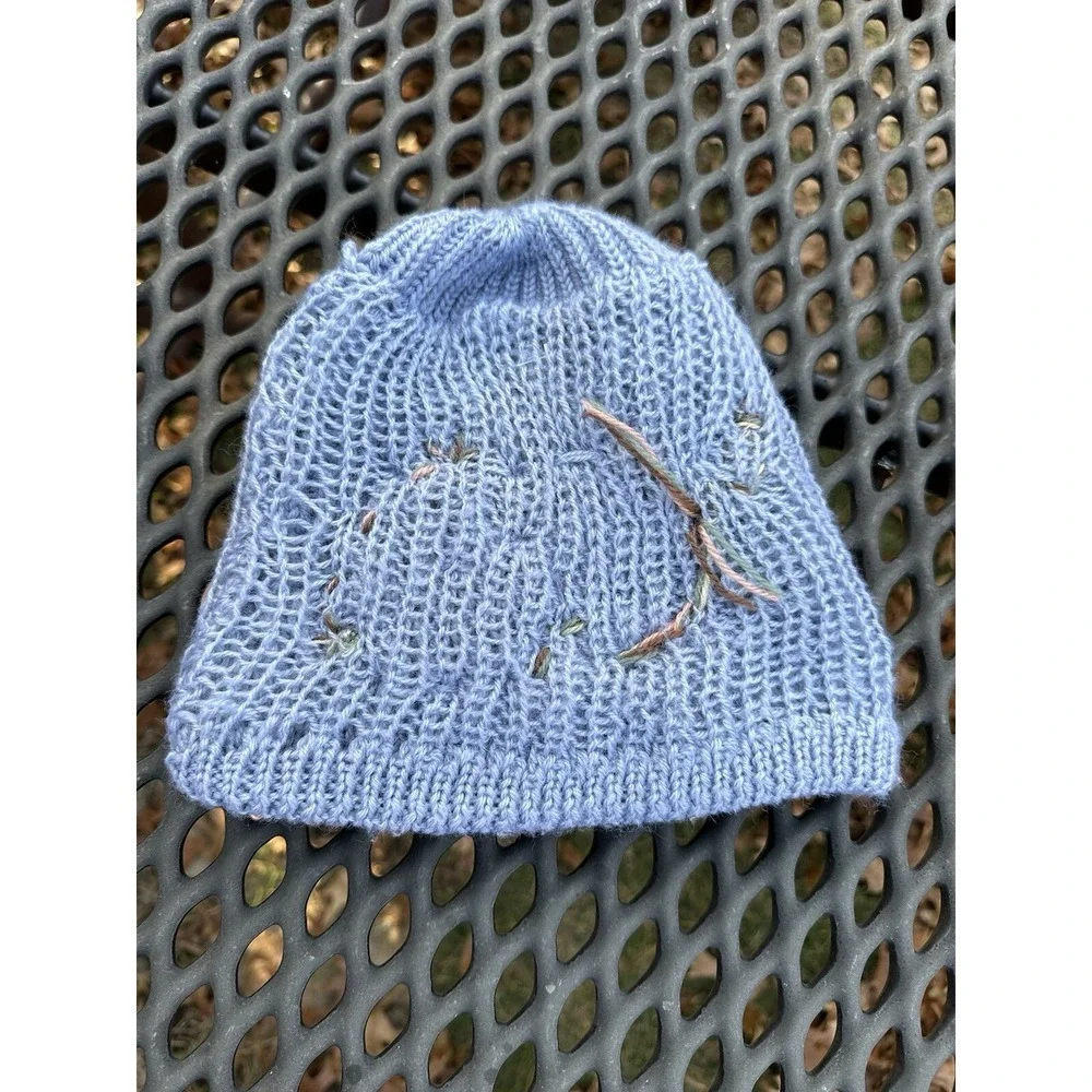 Hand knit Beanie with Knit Lining &‎ Faux Fur Flowers OS Kidcore